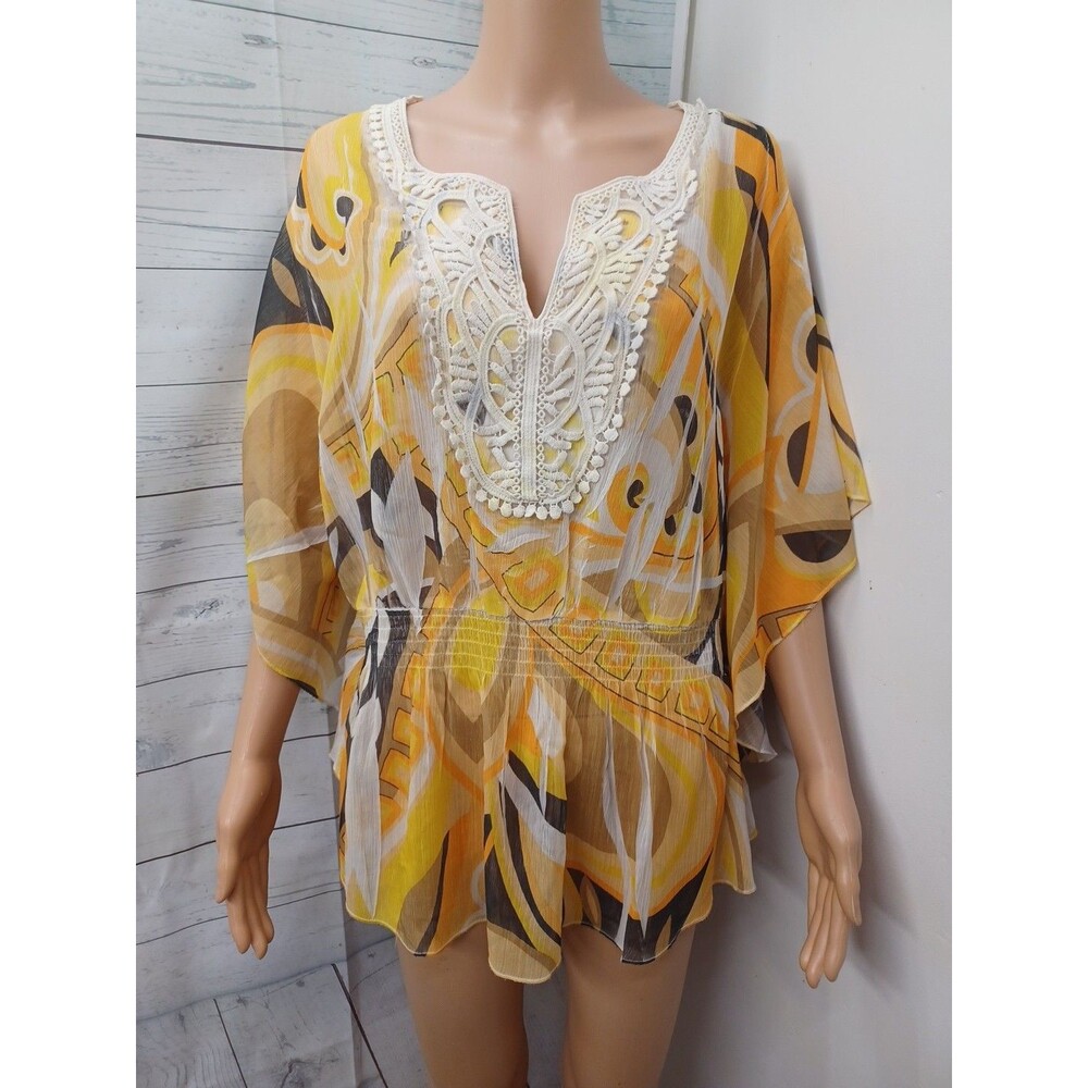 Cocomo Chiffon Blouse Top Yellow Black Kimono Sleeve Sz M